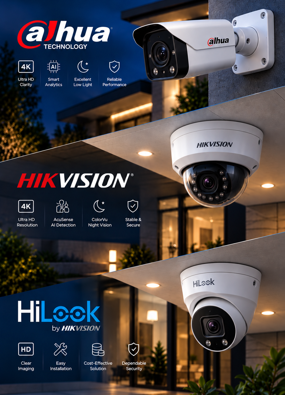 Dahua, Hikvision, and HiLook 4K security cameras professionally installed on Gold Coast home at night