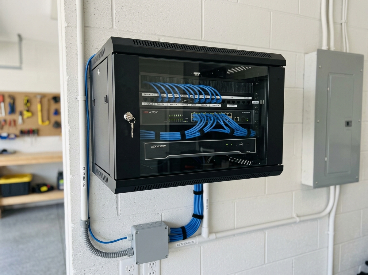 Professional wall-mounted network server rack with immaculate blue Cat6 Ethernet cabling and NVR hookup on the Gold Coast